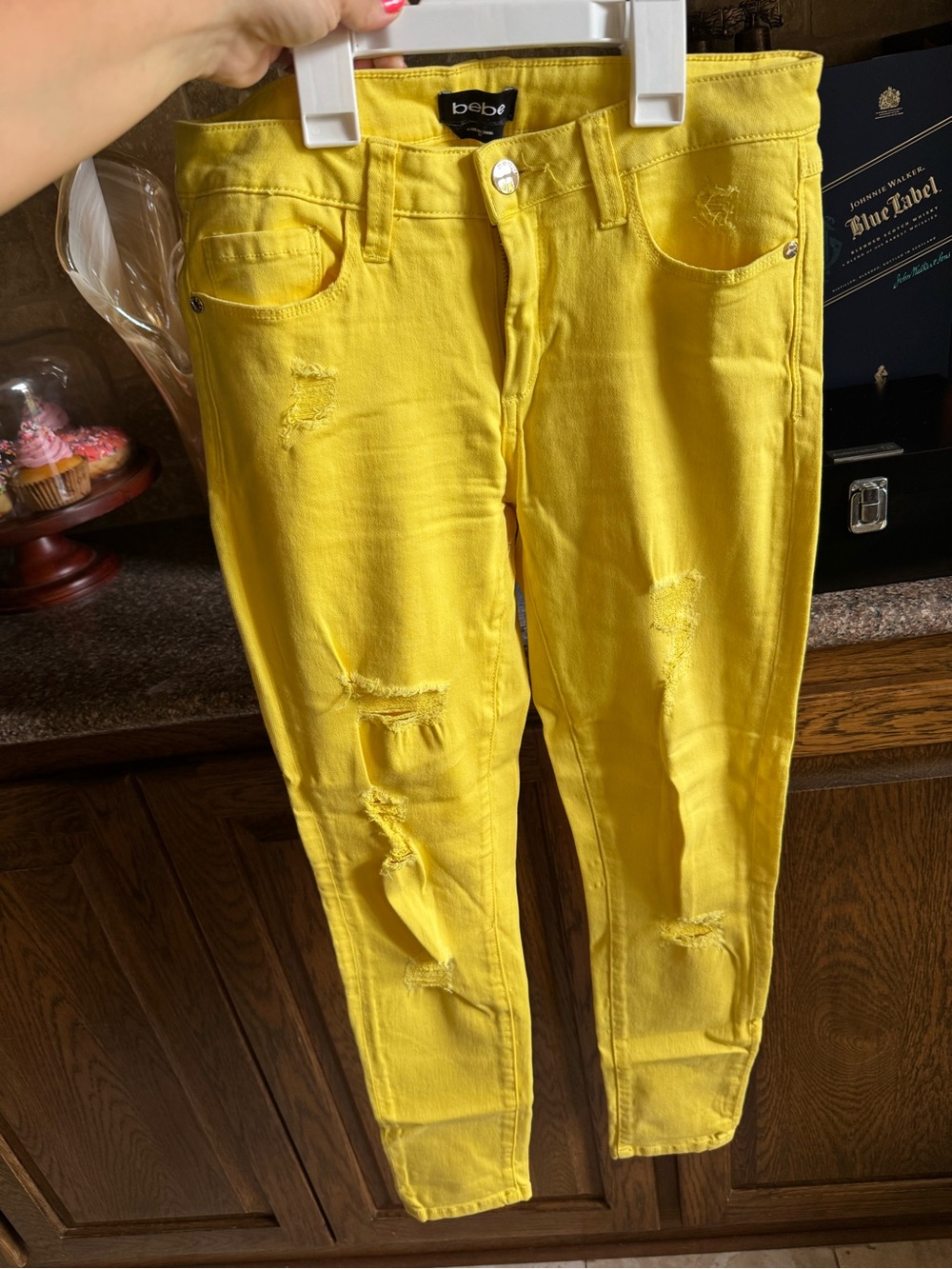 bebe Yellow Distressed Skinny Jeans